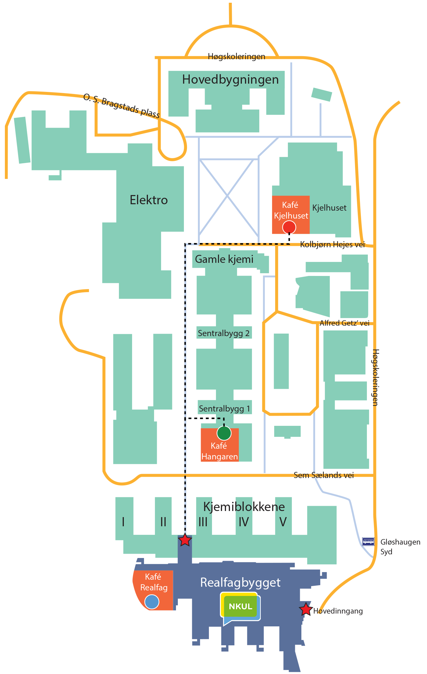 kart over Gløshaugen Campus med markering av lunsjkantiner for NKUL