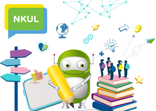 NKUL, Illustrasjon om IKT i skolen med robot, bøker, elever med mer