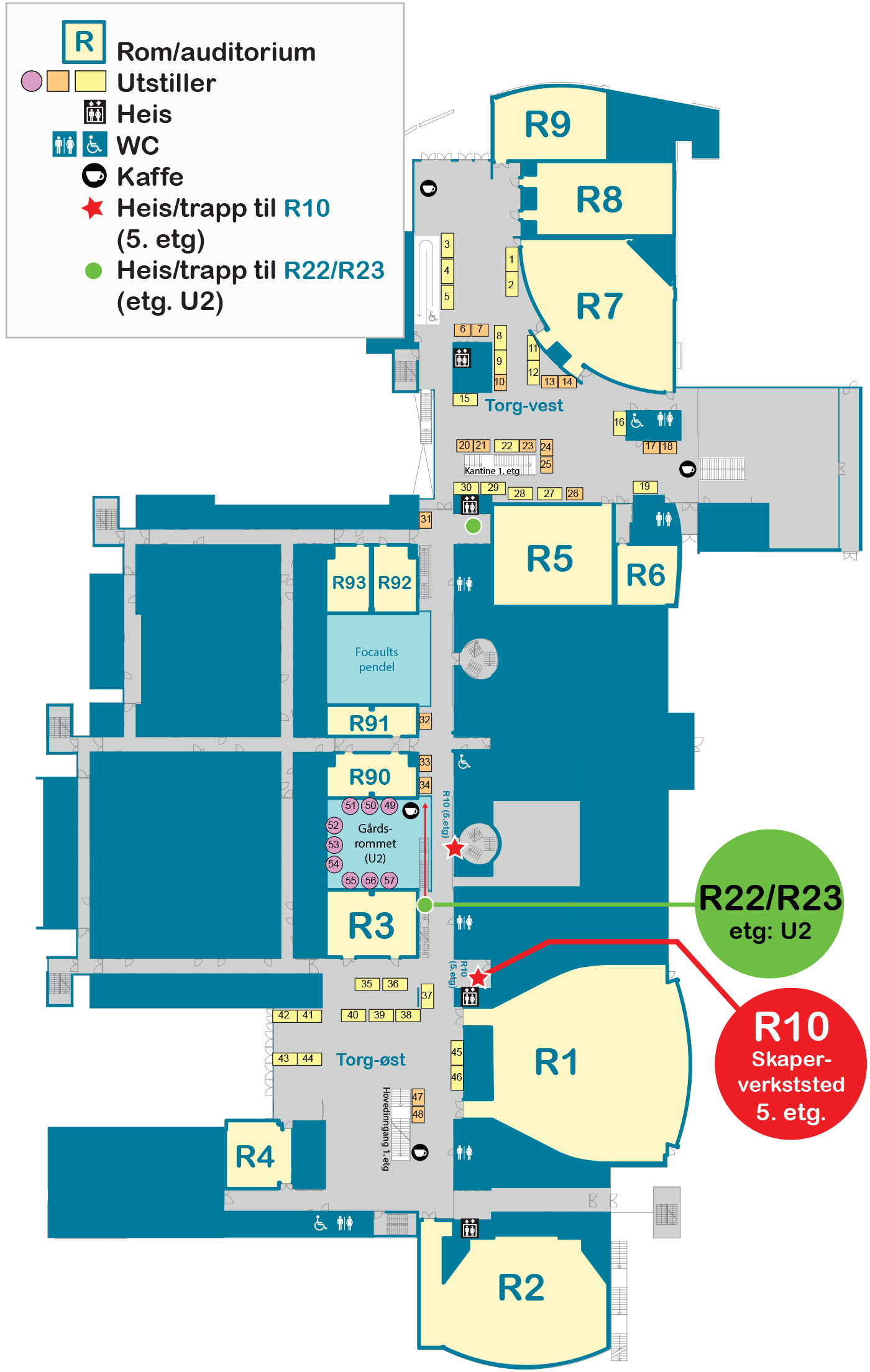 Romplan for Realfagbygget etg U1 - NKUL konferanseområde med utstillerplasser og rom