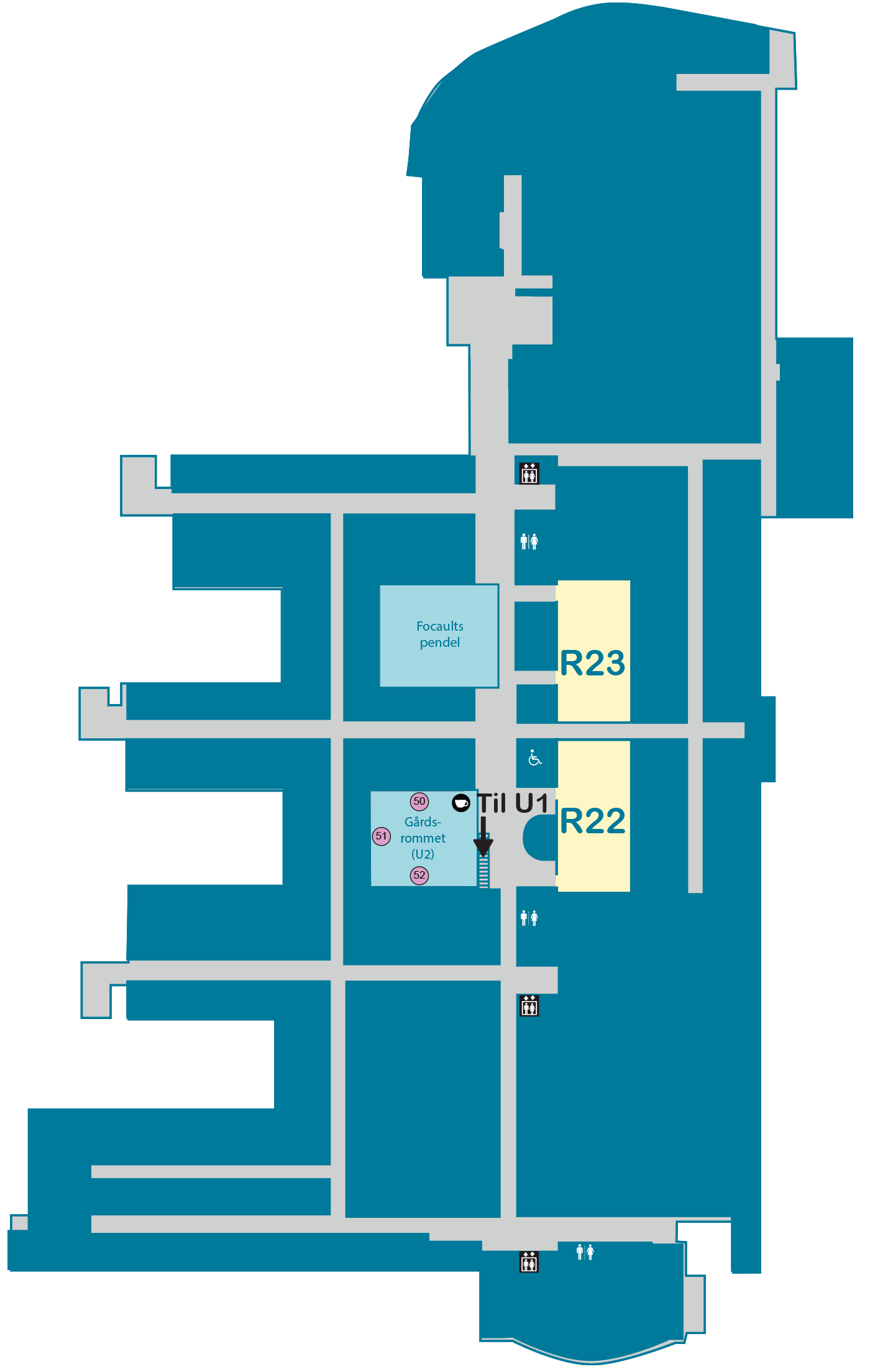 Kart som viser etasje U2 med rommene R22 og R23